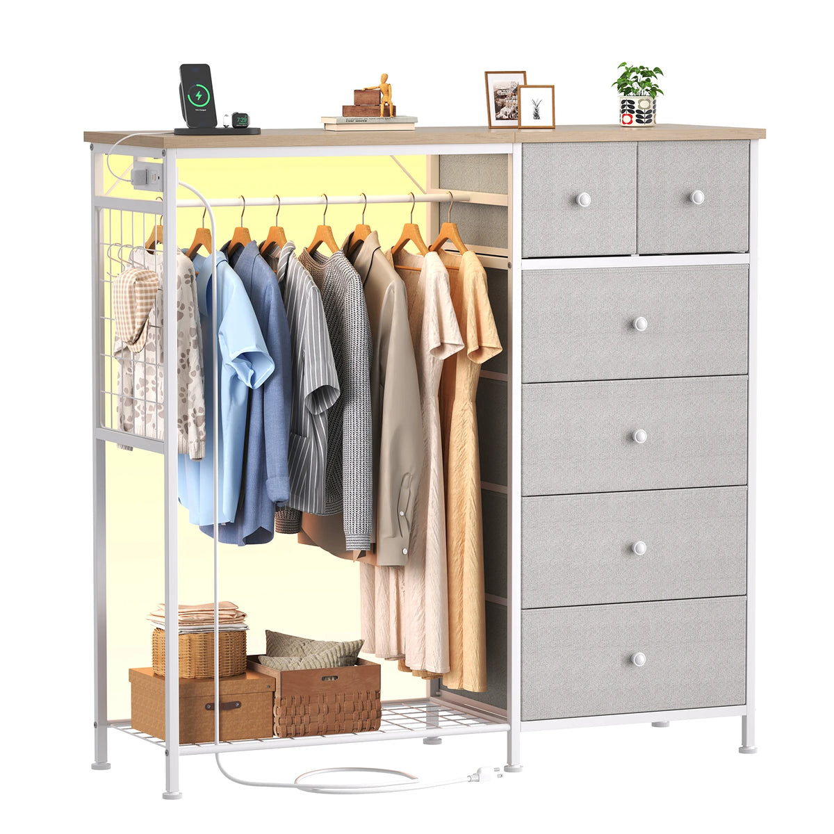 JHK 6 Drawer Fabric Dresser with Hanging Rack for Living Room Closet Storage Organizer with Charging Station and LED Lights for Home Entryway
