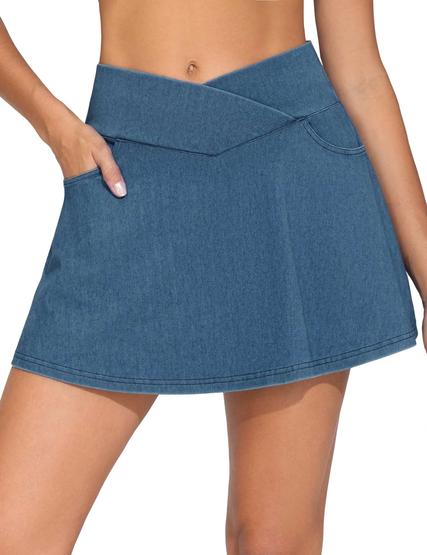 THE GYM PEOPLE Women's Cross Waist Jean Skorts Stretchy Ruffle Denim Skirts with 2 in 1 Shorts Pockets