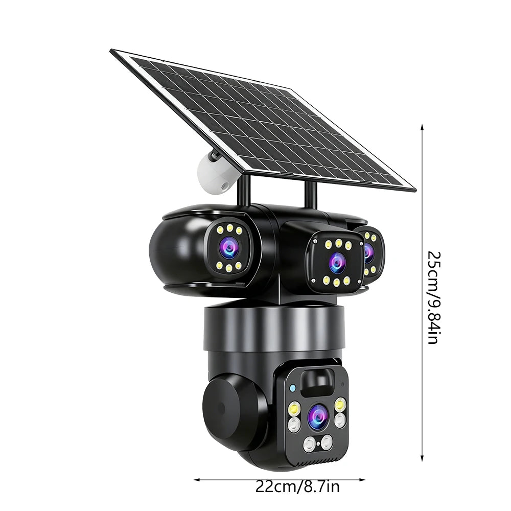 4 Lens Solar Security Camera Wireless Outdoor WiFi PTZ Camera 8000mAh Battery Solar Powered Human Auto Tracking Color Night Vision Two Way Audio IP66 Waterproof V380 Home Surveillance CCTV Camera