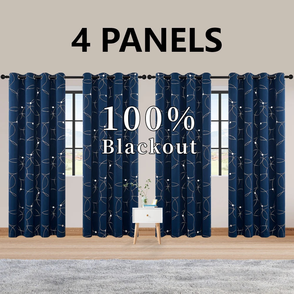 4PCSBlackout Curtains Grommet Thermal Insulated Room Darkening With Circle And Dots Foil Printed For Bedroom