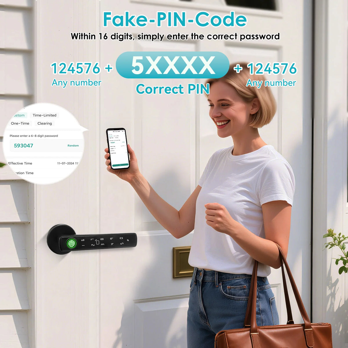 YFK 5-in-1 Smart Door Handle Lock Tuya Bluetooth Fingerprint Password IC Card Key APP Keyless Entry Black Silver