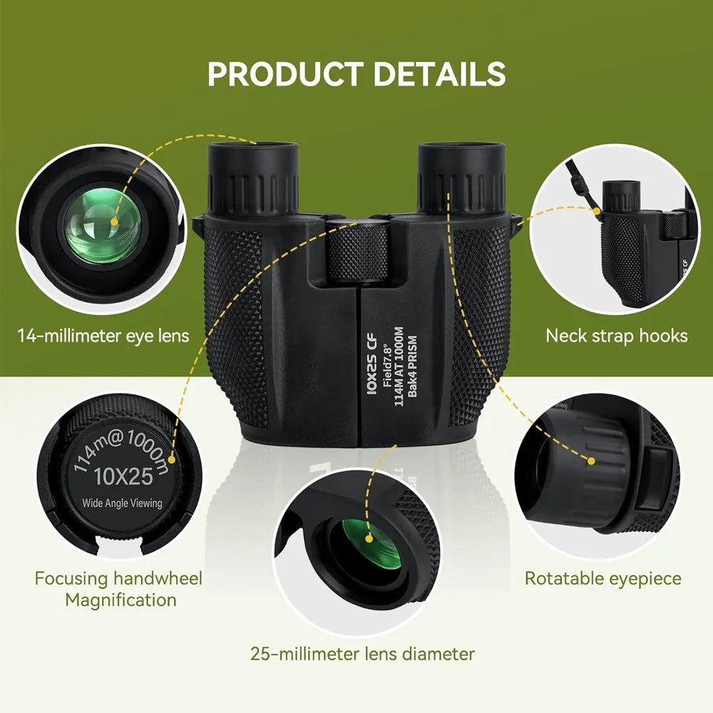 Binoculars 10X25 HD Mini Portable Telescope BAK4 FMC Coated Telescope Outdoor Bird Watching Hunting Travel Camping Ball Game
