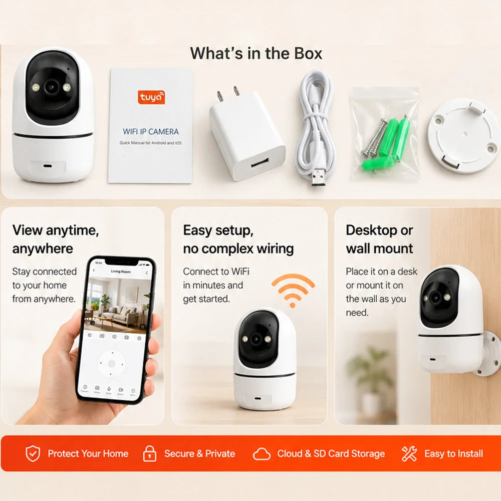 Indoor PTZ WiFi Camera 2MP HD Tuya Smart APP Home Security Camera 355 Pan Tilt Night Vision Two Way Audio Motion Alert Baby Pets