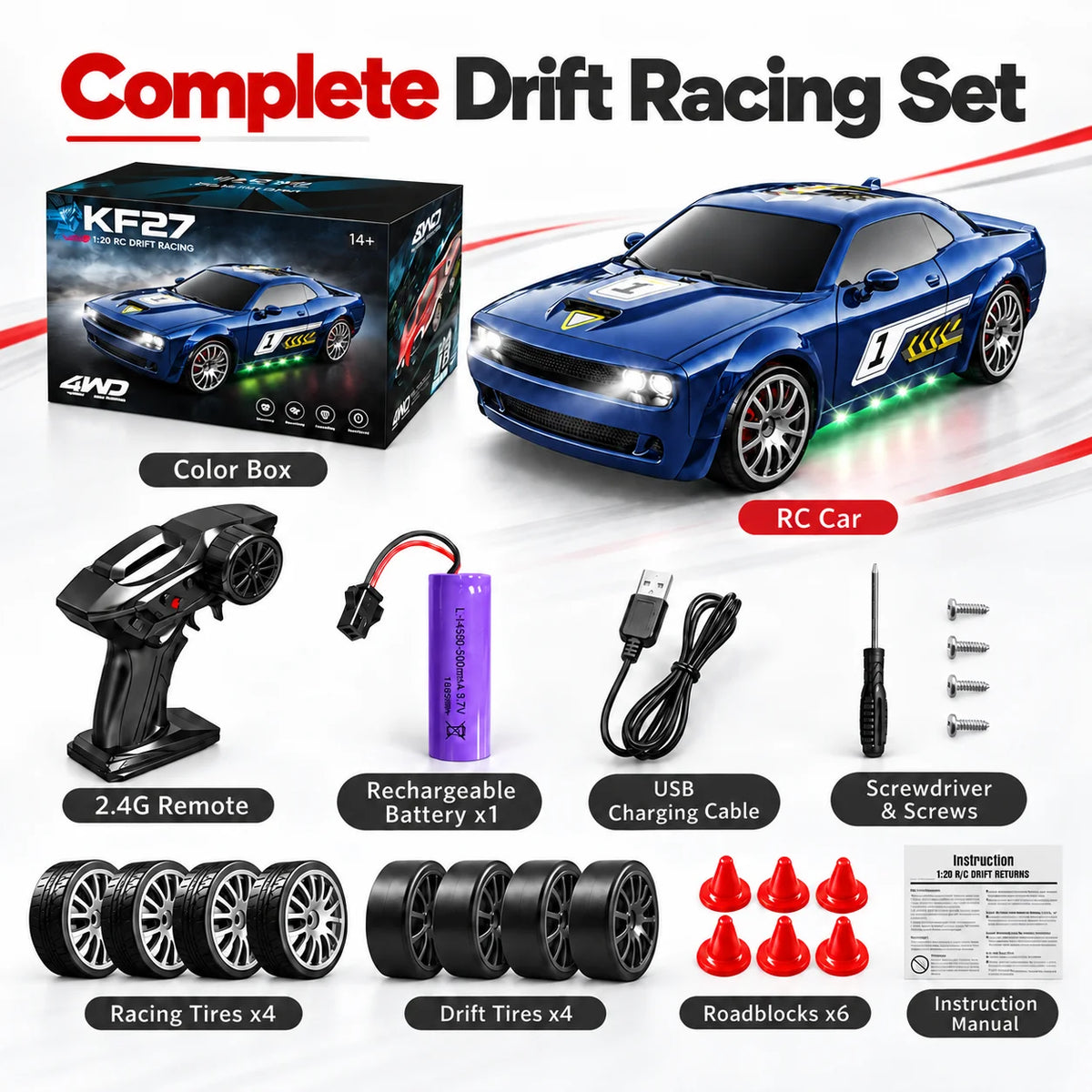 1:20 4WD RC Drift Car 2.4Ghz Full‑Proportional Remote Interchangeable Drift & Racing Tires Gearbox Damping Multi‑LED Light Racing Hobby Toy
