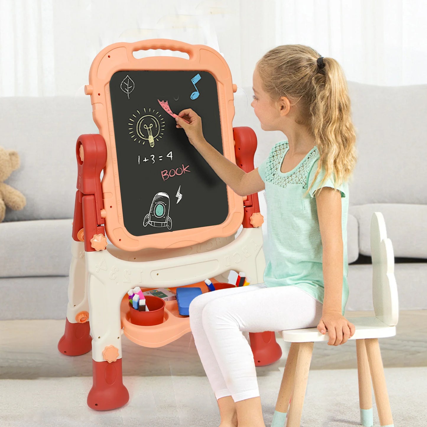 Children's art easel, adjustable standing rotating double-sided easel, with painting accessories, suitable for boys and girls aged 3 and above, standing children's art easel is an ideal birthday / Christmas / New Year gift fo