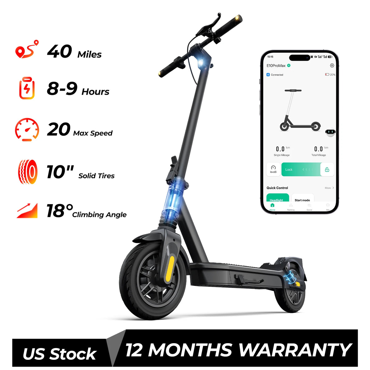 Electric Scooter Max Speed 20 Mph, 1000W, 10" Tubeless Tires, 40 Max Miles Range Folding E-Scooter APP Smart Support Family Use