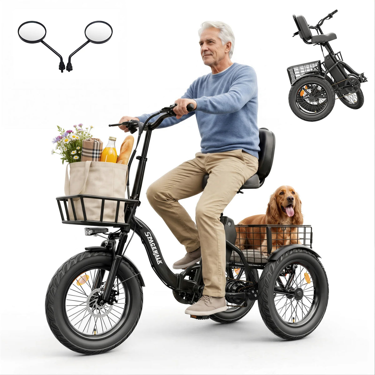 Spacewalk 1200W Peak Electric Trike for Adults, 48V 15Ah Battery 3 Wheel Electric Bike with 18"x3.0 Fat Tires, 60 Miles Range, Folding Cargo E-Bike with Wide Comfort Seat & Basket for Seniors-Black