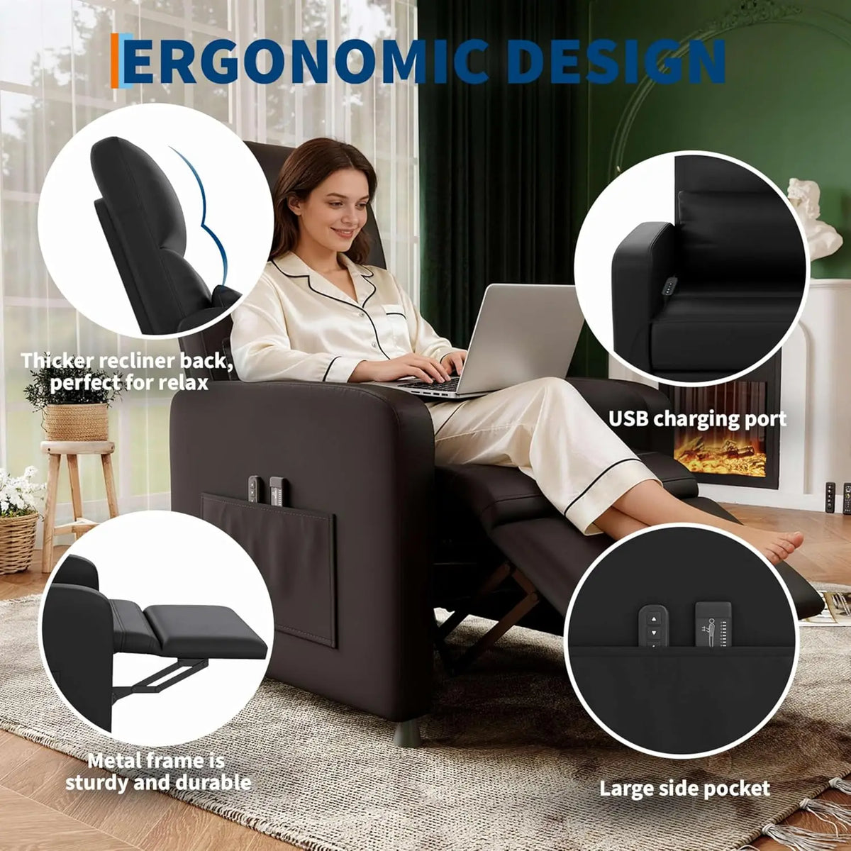 Power Recliner Chair with Heat & Massage – Adjustable Electric Recliner, Ergonomic Overstuffed PU Leather Single Sofa, 2 Side Pockets & USB Port, Home Theater Seating for Living Room
