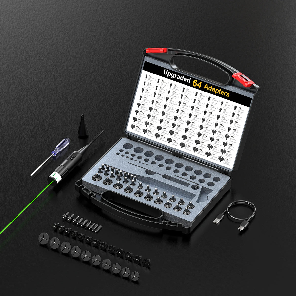 Universal Bore Sighting Tool Kit, Rechargeable Green Laser Boresighter with 64 Upgraded Adapters for .17‑12GA, Complete Accessory Set with Storage Case.