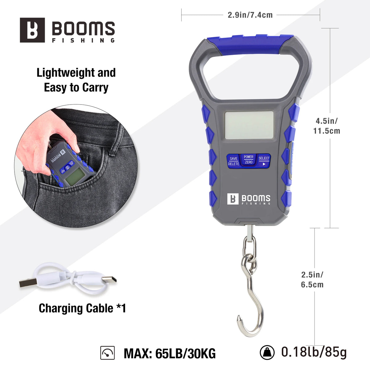 Booms Fishing XW50 LCD Digital Fish Scale Potrable Waterproof Weigh Scale 65lb/30kg Luggage Scale Charging Fishing Accessories