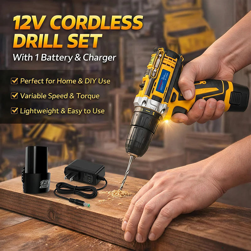 DIY Repair Power Tool Mini Portable 12V Cordless Impact Drill Driver 3/8 Inch Chuck Portable Mini Wireless Electric Screwdriver Rechargeable Lithium Ion Power Hand Drill Adjustable Speed Compatible with MT Battery Household