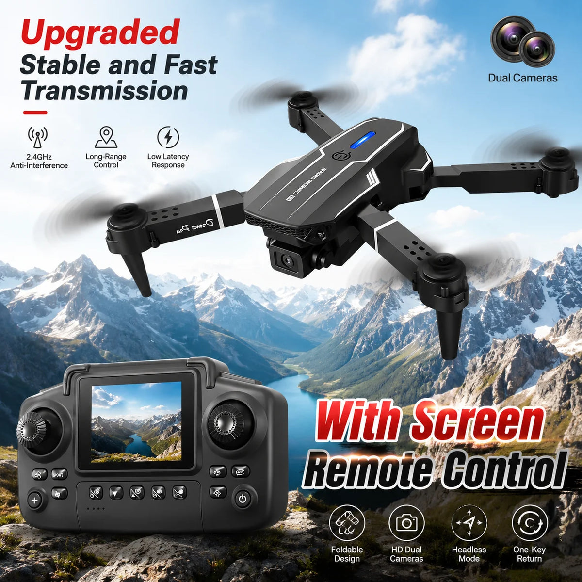 ZNLYRION RC Drone with HD Dual Camera 2.4Ghz  Altitude Hold Path Planning Flight 3-Speed Adjustable Foldable Drone Toy