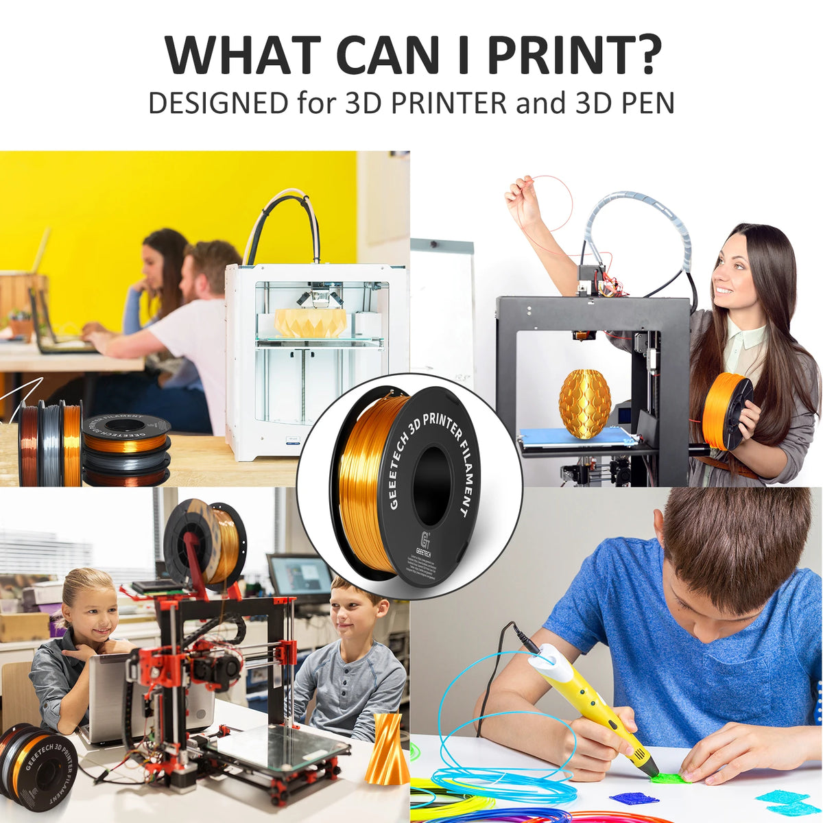 GEEETECH 3D Silk PLA Filament 1kg 1.75mm Spool Wire for 3D Printer Material, Safety, Vacuum Packaging Suitable For Bambu Lab