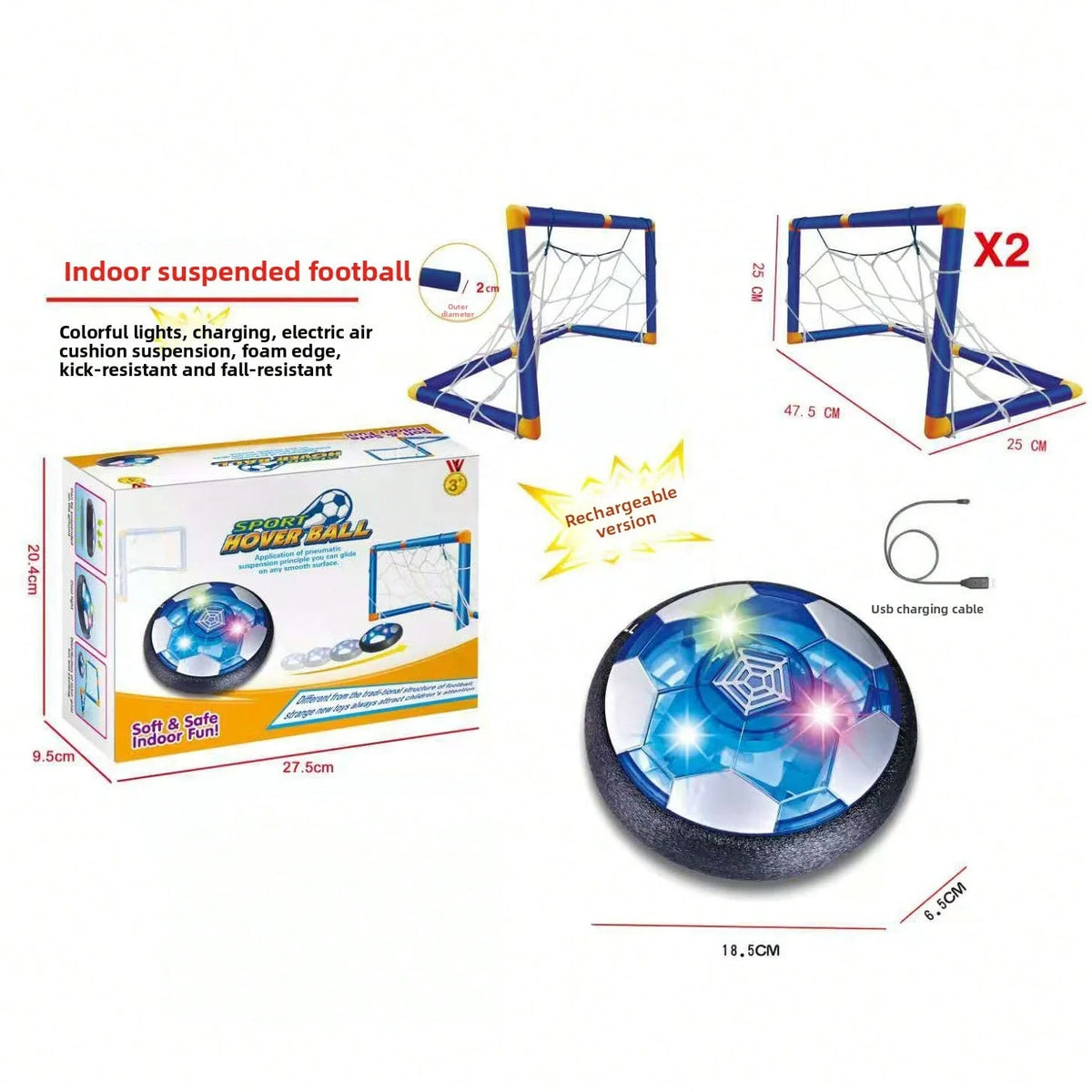 Rechargeable Hover Soccer Ball Toy Set with 2 Goals, LED Light Air‑Powered Floating Football with Soft Foam Bumper, Indoor Sports Game Toy for Kids