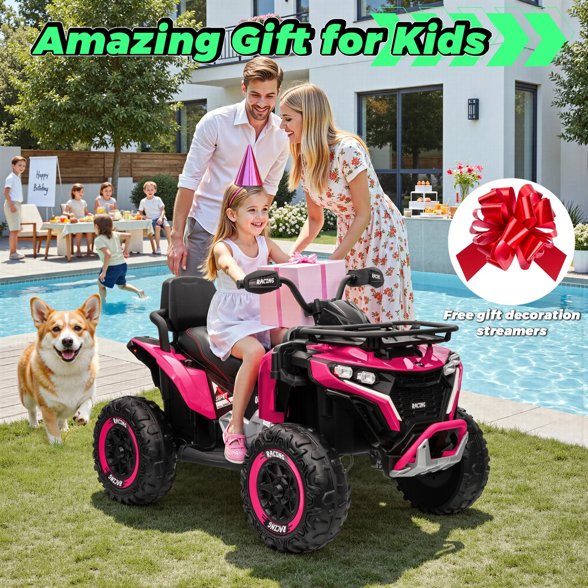 24V Ride on Car, Kids ATV XL Four Wheeler W/EVA Tires, 19-Inch Leather 2 Seater, 800W Motors, Remote Control, Knee Pads, Flower, 24 Volt Ride on Toys Quad for Big Kids