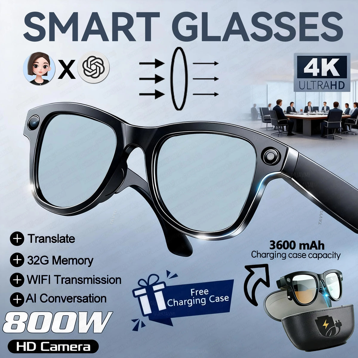 New AI Camera Glasses, 1200P Video, 8MP Photo, Object Recognition, Voice Wake Up, Dual Mic Noise Reduction Bluetooth Eyewear Set