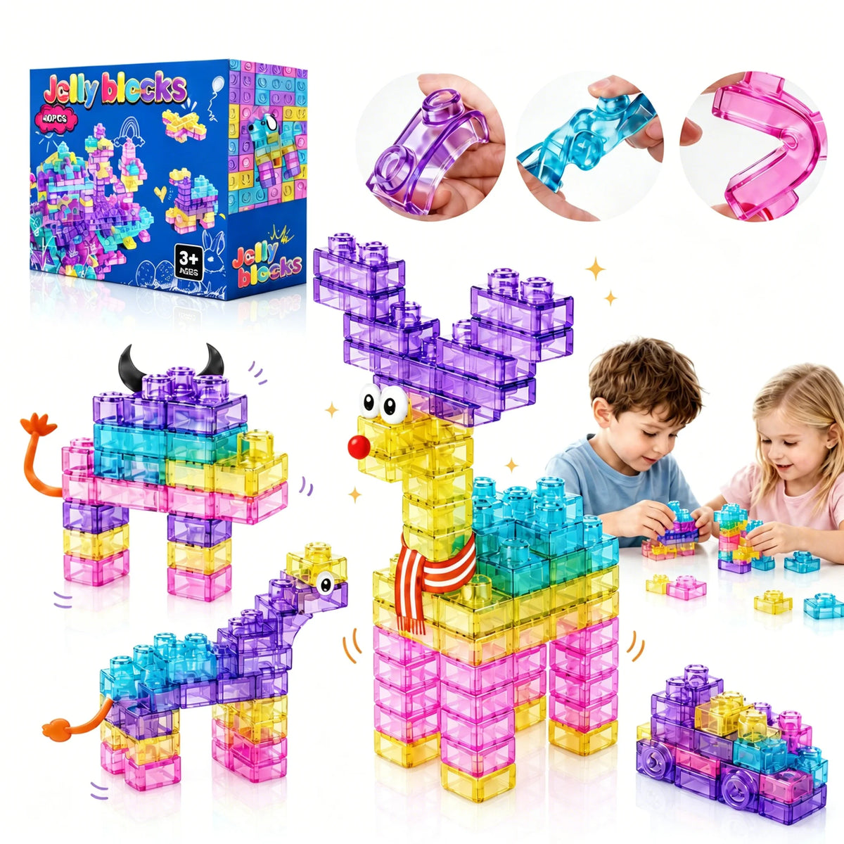 Hotfree 40 PCS Sensory Soft Building Blocks for Toddlers, Kids Montessori Squishy Jelly Blocks Stacking Toy Set, Squeezable & Stretchable Early Learning Construction Playset, Puzzle Blocks for Creative Play, Birthday Christma