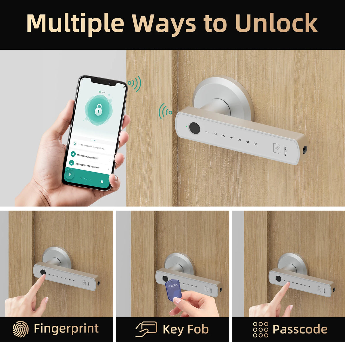 Viladepot Smart Lock Fingerprint, Passcode, Card, App Control, Type-C Emergency Power, Indoor Door Lock