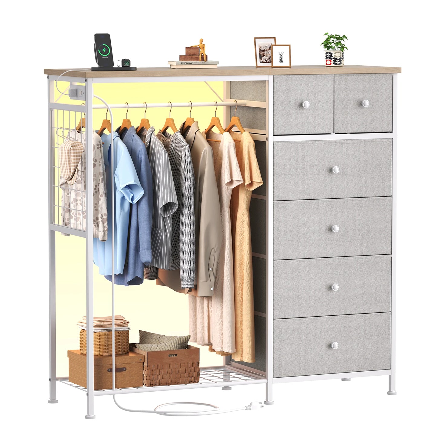 JHK 6 Drawer Fabric Dresser with Hanging Rack for Living Room Closet Storage Organizer with Charging Station and LED Lights for Home Entryway