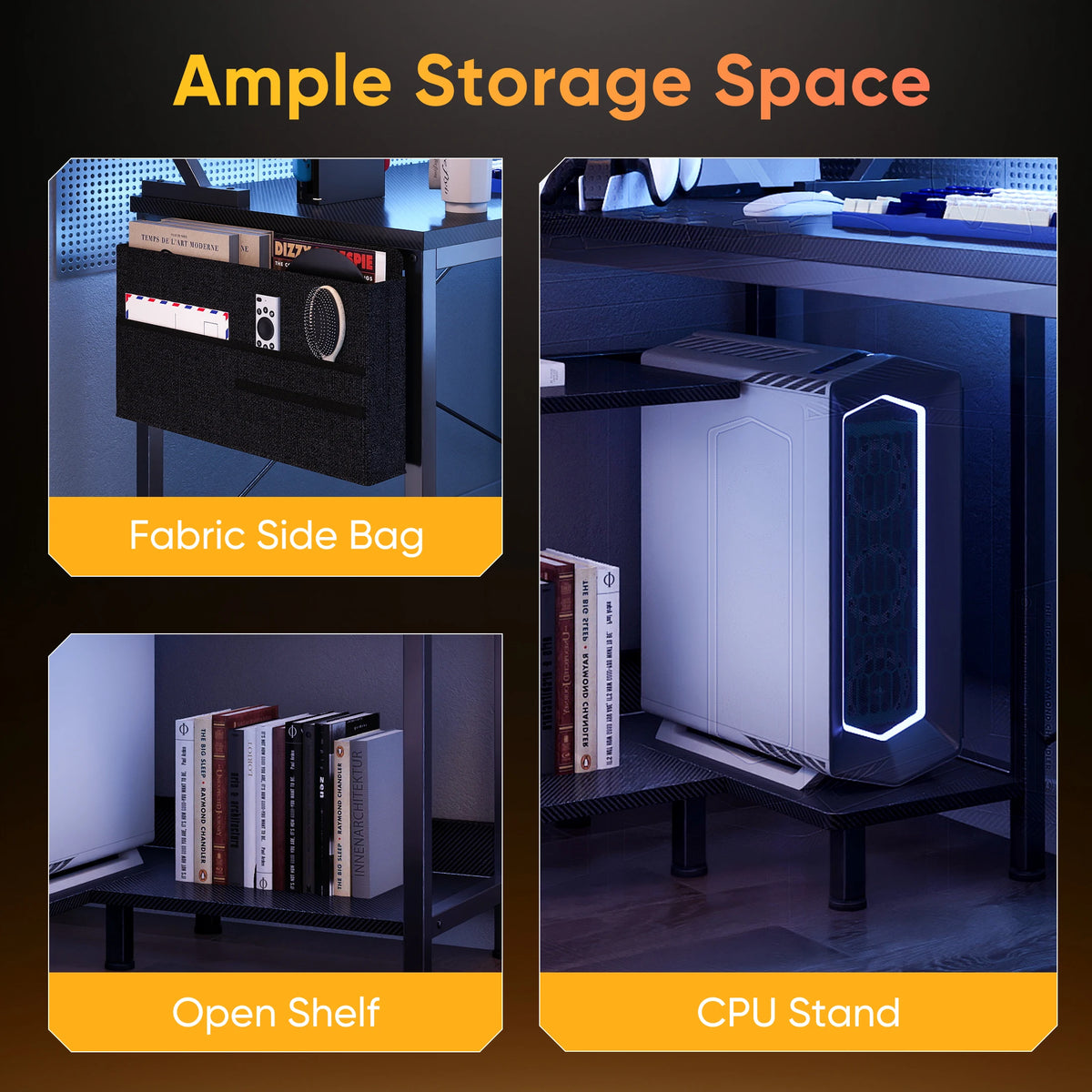 JHK 40IN to 48IN L Shaped with Storage Shelves Computer Desk Gaming Wood Table with USB Charging Ports LED Lights for Office
