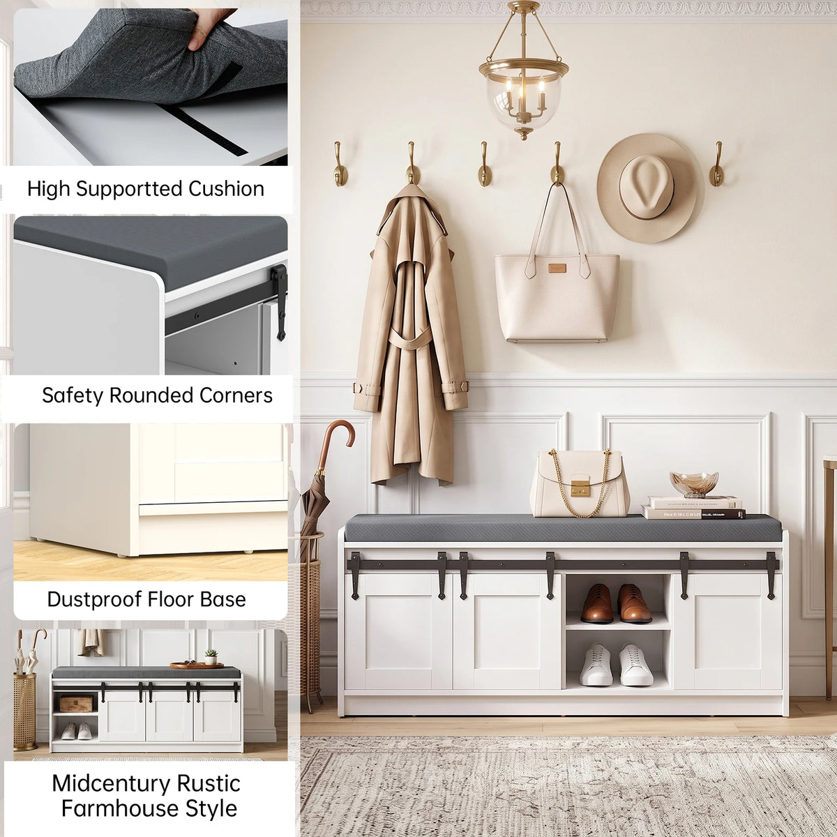 TinyNest 41.7 inch Shoe Storage Bench With Padded Seat Cushion For Entrance, Farmhouse Wooden Entryway Shoe Rack Organizer Cabinets With 4 Adjustable Shelf & 3 Sliding Doors For Hallway, Living Room, Bedroom