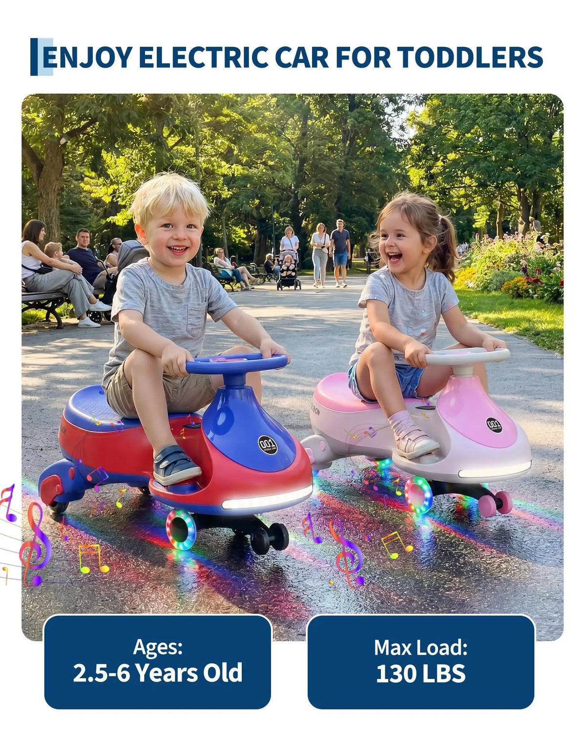 12V Electric Wiggle Car Kids With Pedal, 2 in 1 Ride On Swing Car, LED Wheels, Music, Rechargeable Battery, 2 Speeds, Indoor/Outdoor, for Boys and Girls