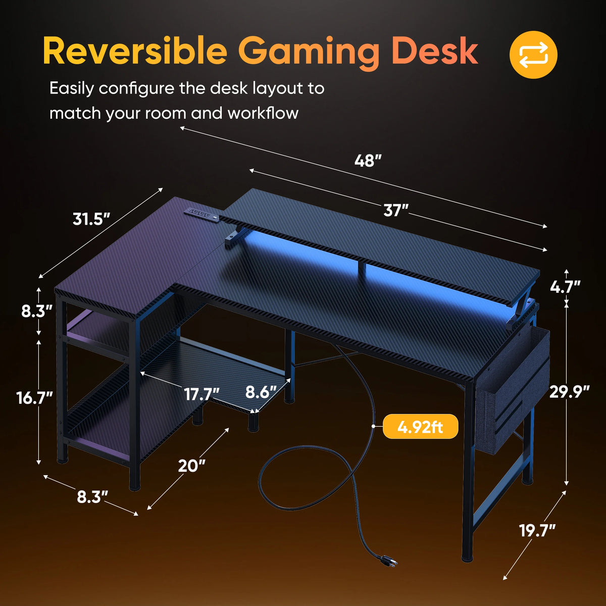 JHK 40IN to 48IN L Shaped with Storage Shelves Computer Desk Gaming Wood Table with USB Charging Ports LED Lights for Office