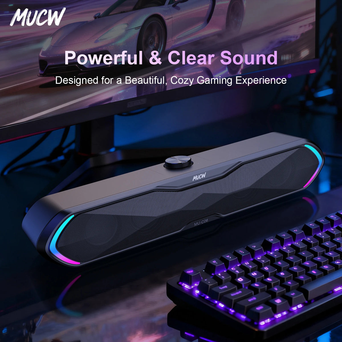 MUCW MU‑C06 PC Soundbar RGB Gaming Computer Speaker USB Plug Play Bluetooth 5.3 Sound Bar 6W Stereo Desktop Speaker for Laptop Mac Phone