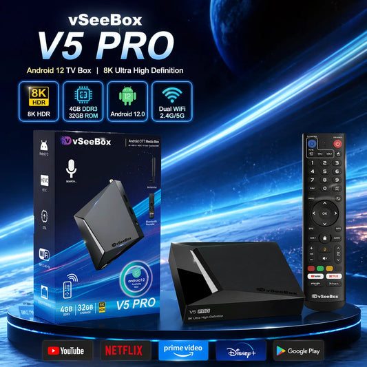 Vseebox V5 Pro Android 12.0 4K UHD Smart TV Box with 4GB RAM 32GB Storage, Dual-Band WiFi 6, Bluetooth 5.0, Voice Remote