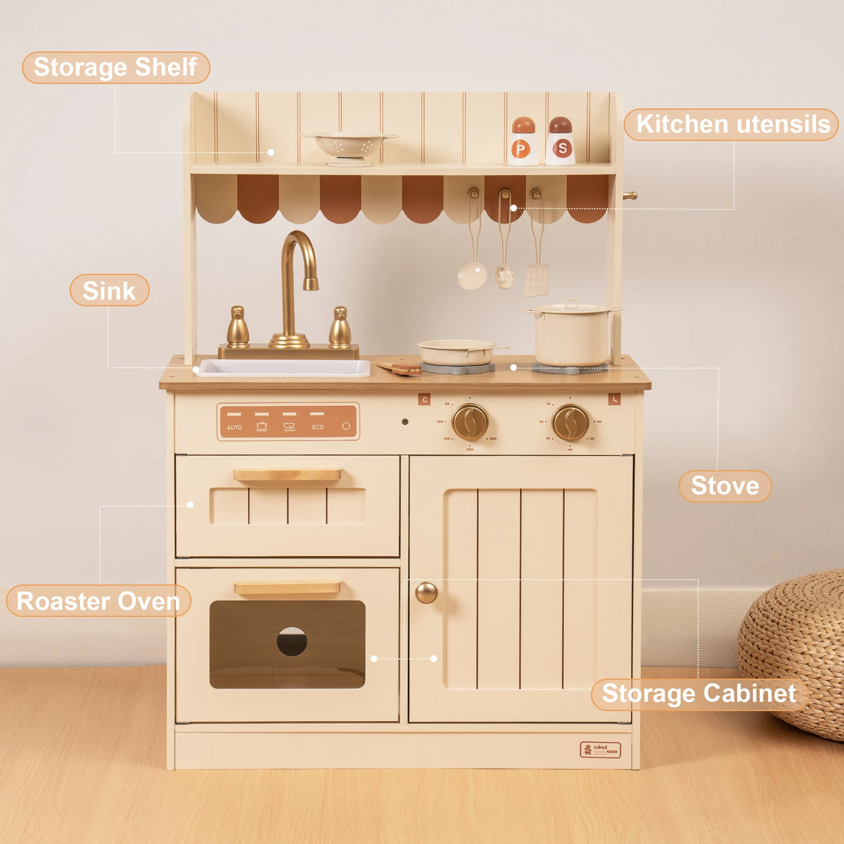 Robud Play Kitchen for Kids Toddlers Wooden Pretend Play Kitchen Set Toy with Cutting Food Set Toys Kitchen Gift for 3+ Kids Beige