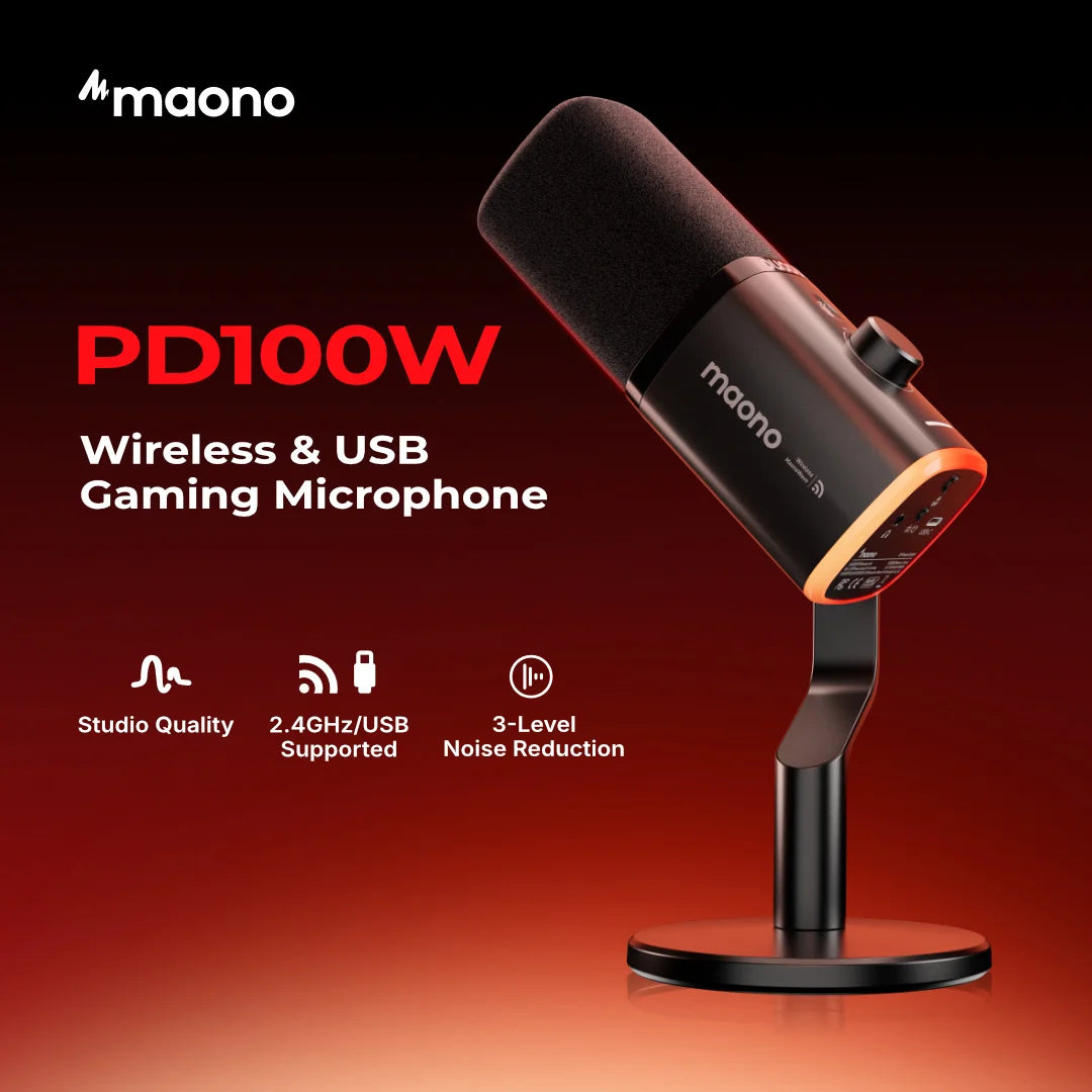 MAONO PD100W Wireless USB Dynamic Microphone Cardioid Microphone with One-Touch Mute Noise Reduction Custom RGB Light  Real-Time Monitoring Microphone for PC Gaming Live Streaming Creator Podcast