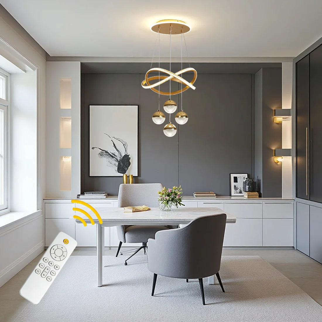 Modern LED Pendant Light with 4 Spherical Light Heads, Remote Control, Three Adjustable Light Colors, and Adjustable Height. Suitable for Above Dining Tables, Living Rooms, Bedrooms, and Home Offices.