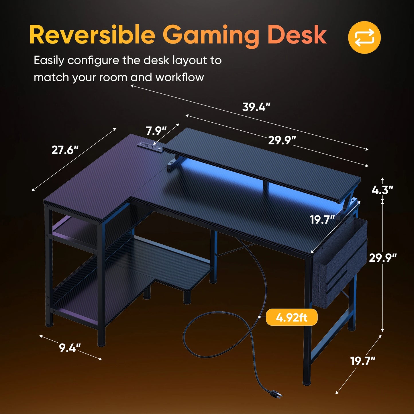 JHK 40IN to 48IN L Shaped with Storage Shelves Computer Desk Gaming Wood Table with USB Charging Ports LED Lights for Office