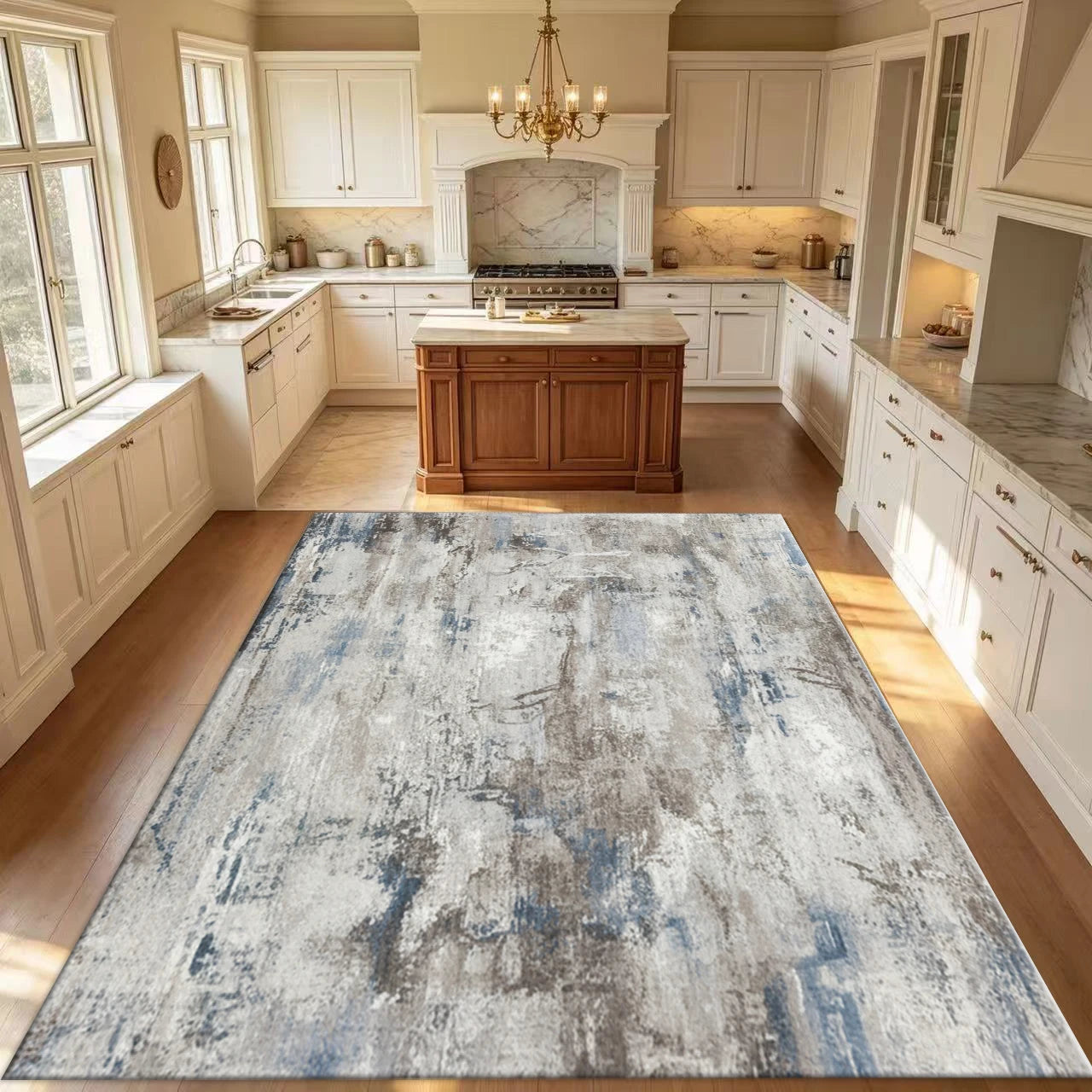 Neutral Grey Blue Abstract Brushstroke Area Rug Vintage Distressed Art Non Slip Washable Floor Carpet Bedroom Living Room