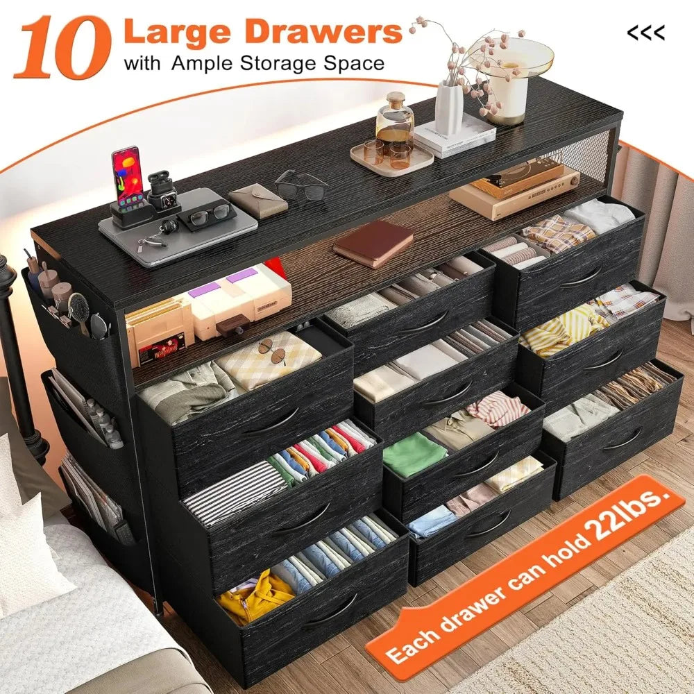 Dresser for Bedroom with 10 Drawers for 55" TV Stands for Living Room with LED Lights & Power Outlets Dressers with, Customized