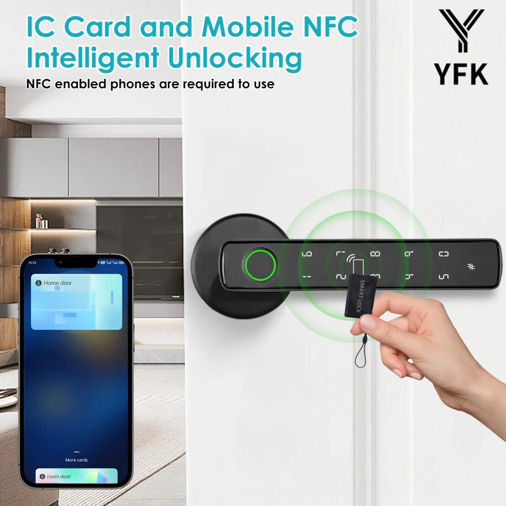 YFK Tuya 5-in-1 Smart Door Handle Lock Bluetooth Fingerprint Keyless Entry Lock Fake PIN NFC IC Card Temporary Password APP Remote Unlock Interior Smart Life Lock for Home Apartment Office Wooden Door