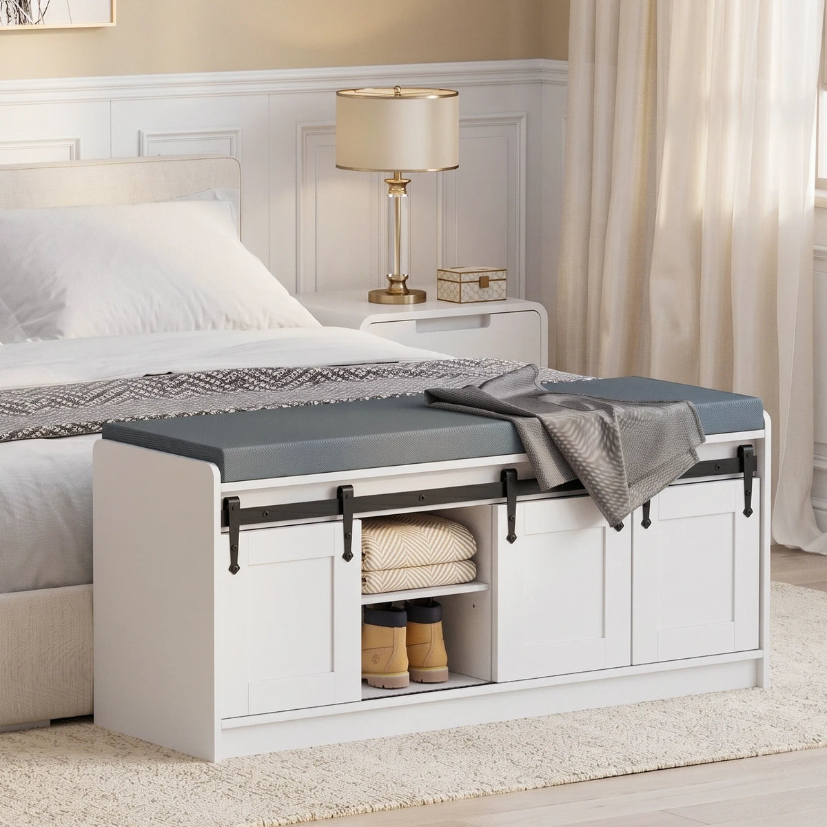 TinyNest 41.7 inch Shoe Storage Bench With Padded Seat Cushion For Entrance, Farmhouse Wooden Entryway Shoe Rack Organizer Cabinets With 4 Adjustable Shelf & 3 Sliding Doors For Hallway, Living Room, Bedroom
