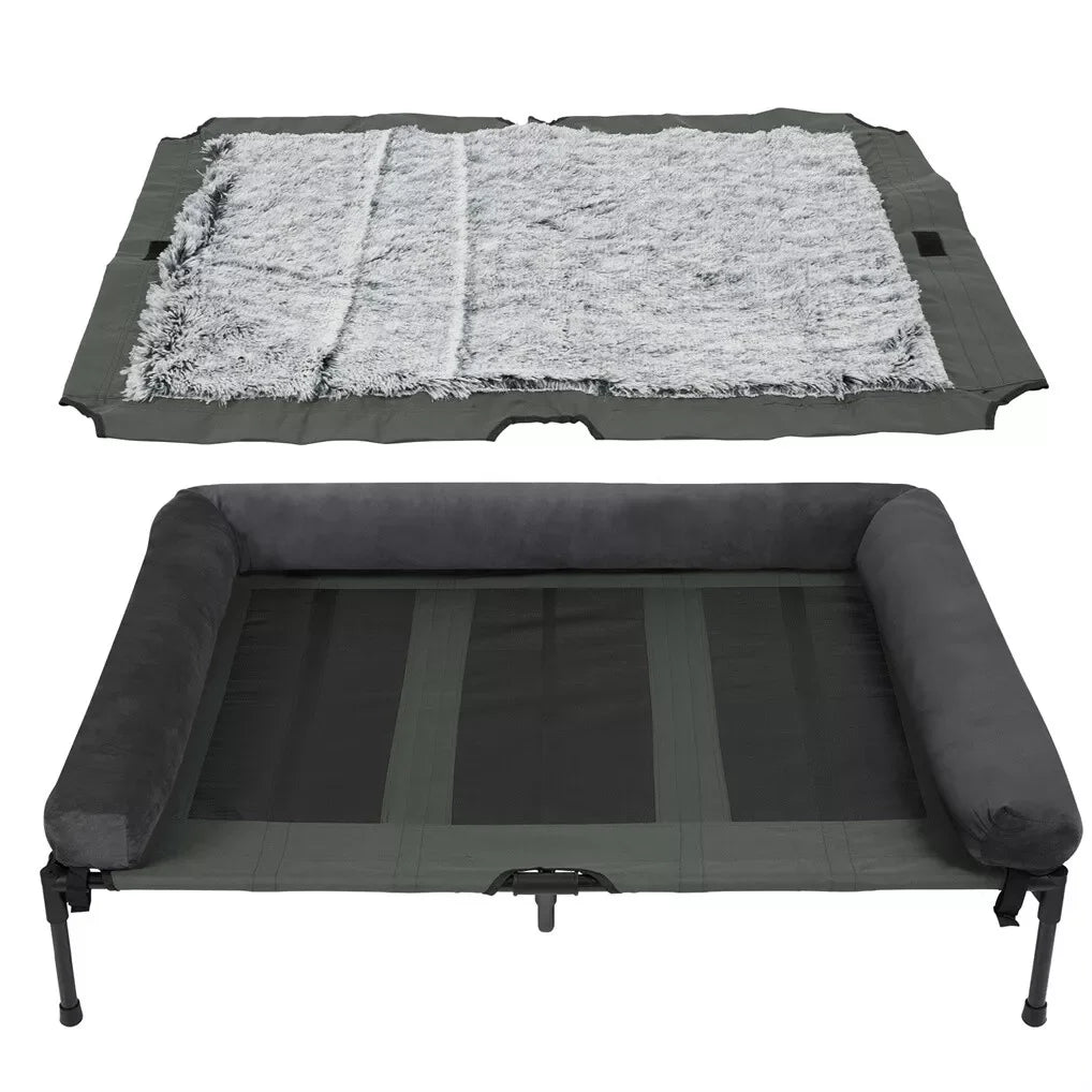 BINGOPAW Outdoor Elevated Dog Bed Cooling Raised Pet Lounger Bed Mesh Cot Sleep Camping Bed with Detachable Plush Bolster