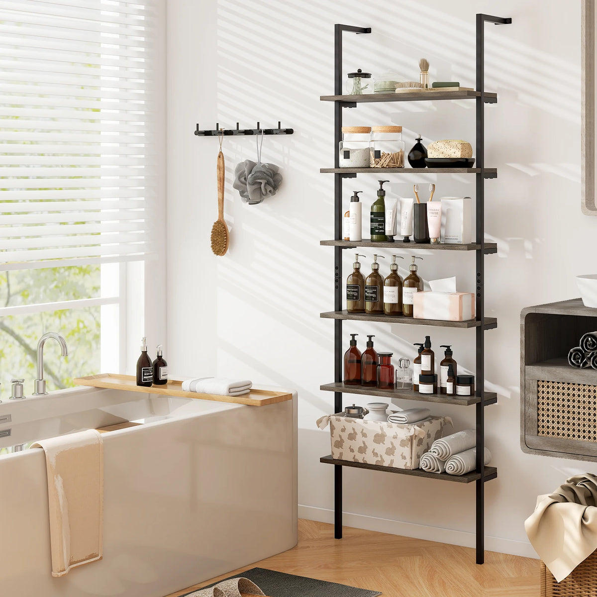 6-tier Ladder Shelf 72 Inches Industrial Wall Mounted Bookshelf Oak