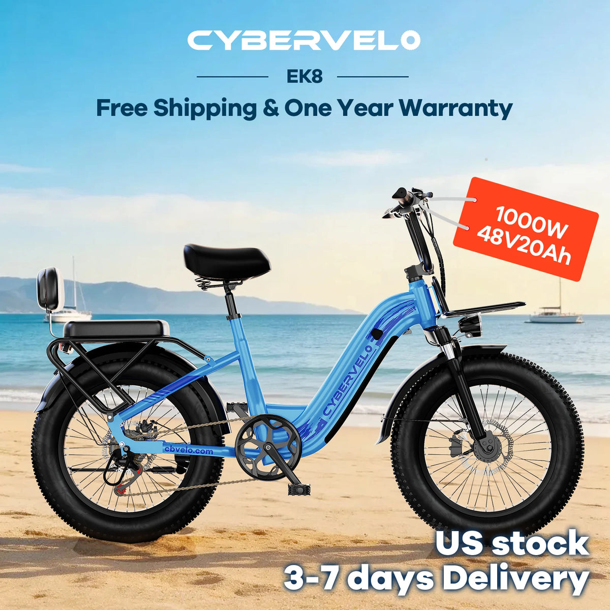 Cybervelo 1000W Motor Peak Electric Bike for Adults 48V 20AH Removable Battery Step Thru EBike 30+MPH 80 Miles Max Range 20" Fat Tire Electric Bicycles with 7 Speed EK8