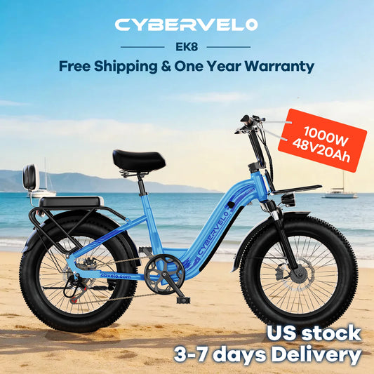 Cybervelo 1000W Motor Peak Electric Bike for Adults 48V 20AH Removable Battery Step Thru EBike 30+MPH 80 Miles Max Range 20" Fat Tire Electric Bicycles with 7 Speed EK8