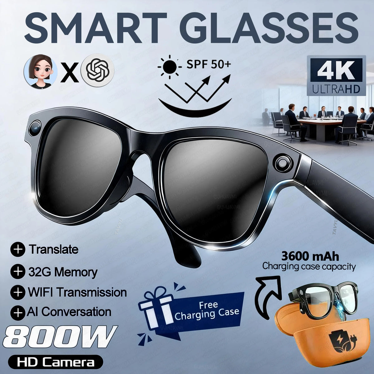 New AI Camera Glasses, 1200P Video, 8MP Photo, Object Recognition, Voice Wake Up, Dual Mic Noise Reduction Bluetooth Eyewear Set