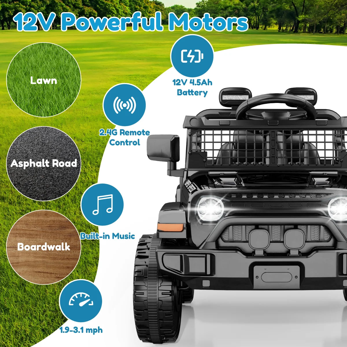 12V Ride On Car with Parent Remote Control, Electric Car with Spring Suspension, LED Lights & Music Player, Safe Battery Toy for Kids,Easy to Assemble