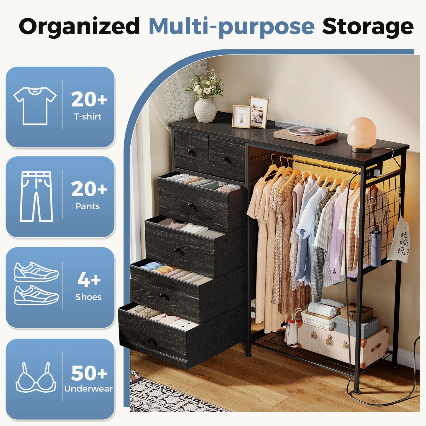 JHK 6 Drawer Fabric Dresser with Hanging Rack for Living Room Closet Storage Organizer with Charging Station and LED Lights for Home Entryway