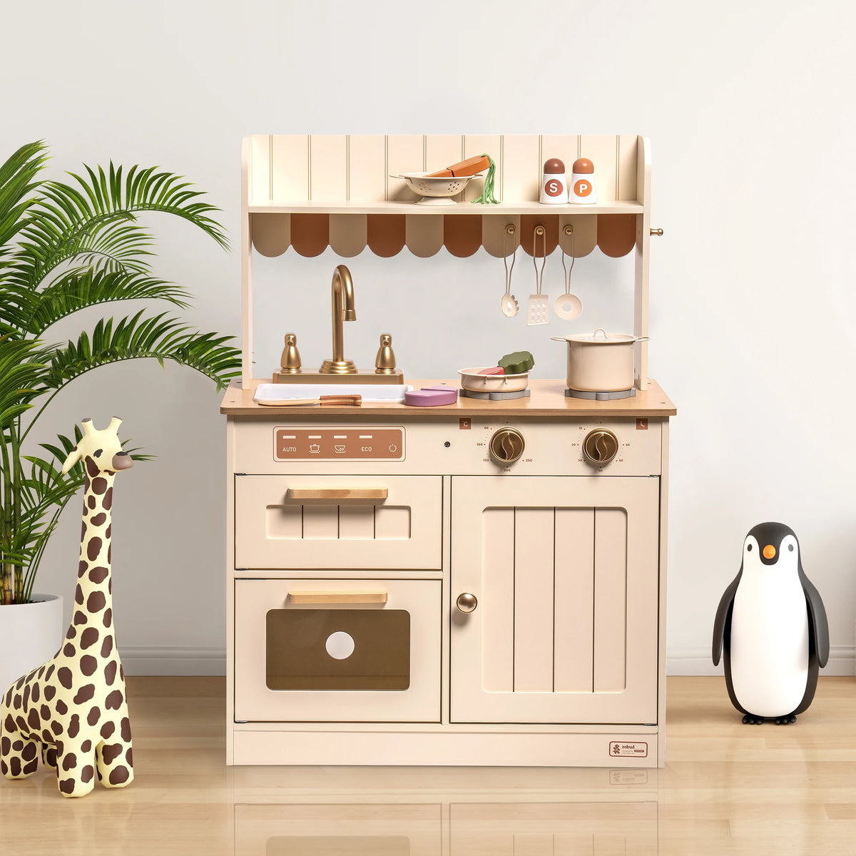 Robud Play Kitchen for Kids Toddlers Wooden Pretend Play Kitchen Set Toy with Cutting Food Set Toys Kitchen Gift for 3+ Kids Beige