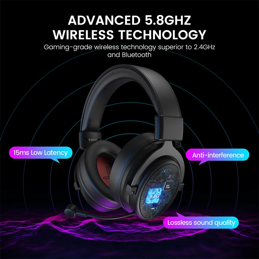 5.8GHz Wireless Headphones 7.1 Surround Sound Gaming Headset ENC Noise Cancelling Mic 15ms Low Latency 3 Mode Connection 50mm Drivers Immersive Audio Clear Voice Adjustable Mic for PC PS4 PS5 Xbox Switch