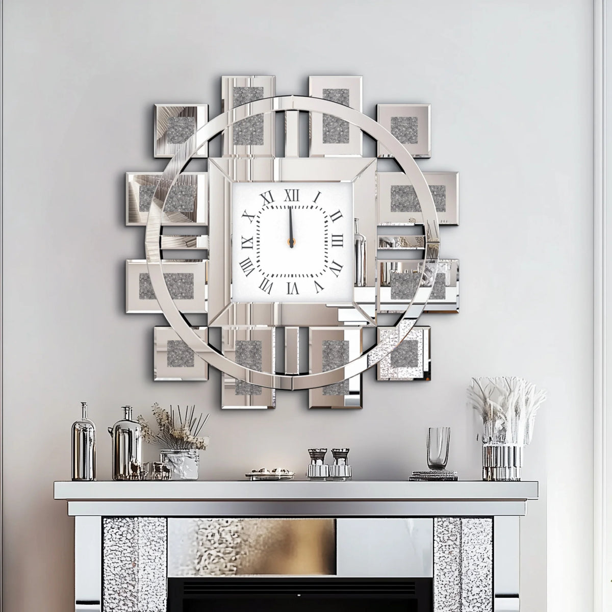 Wall Clock 60cm/24" Round Clock with Crushed Diamond Decor Beveled Mirror Edge Frame Silver for Entry, Livingroom, Office
