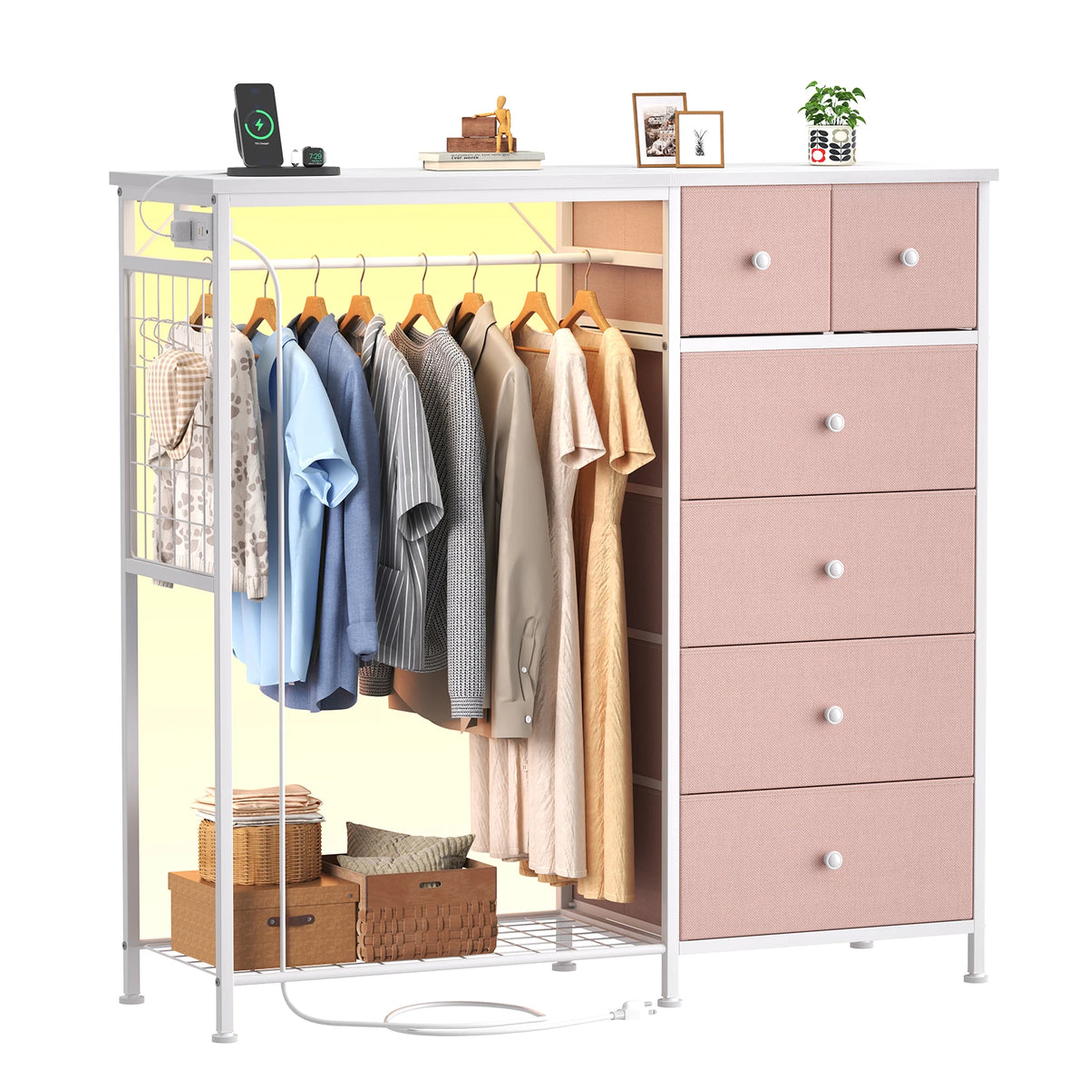 JHK 6 Drawer Fabric Dresser with Hanging Rack for Living Room Closet Storage Organizer with Charging Station and LED Lights for Home Entryway