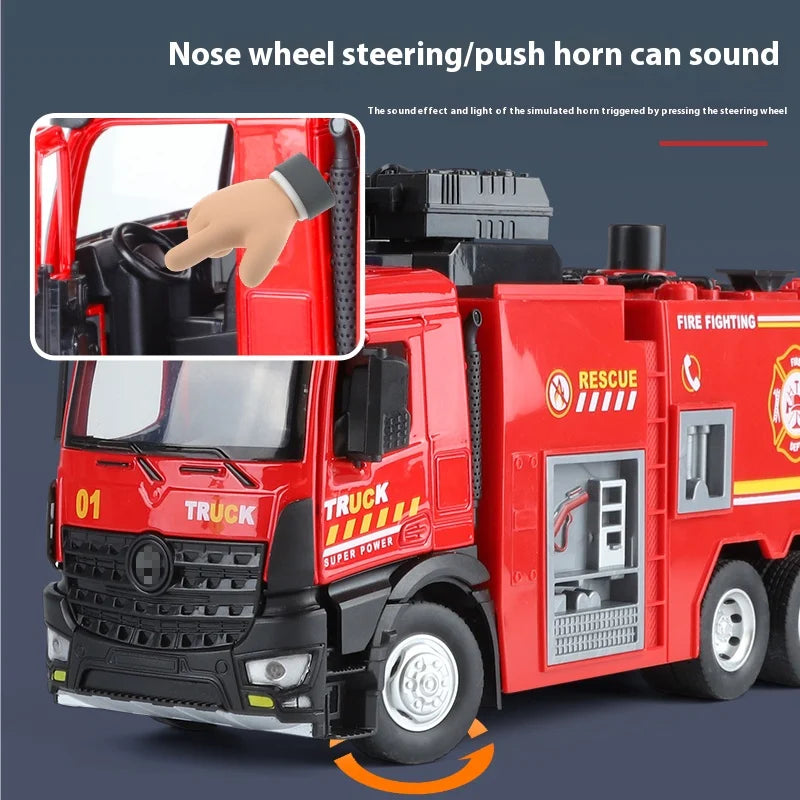 Large Water-Squirt Fire Water Tank Truck Model Metal Die-Cast Front Wheel Steering Children's Toy Car Ornaments  Gift