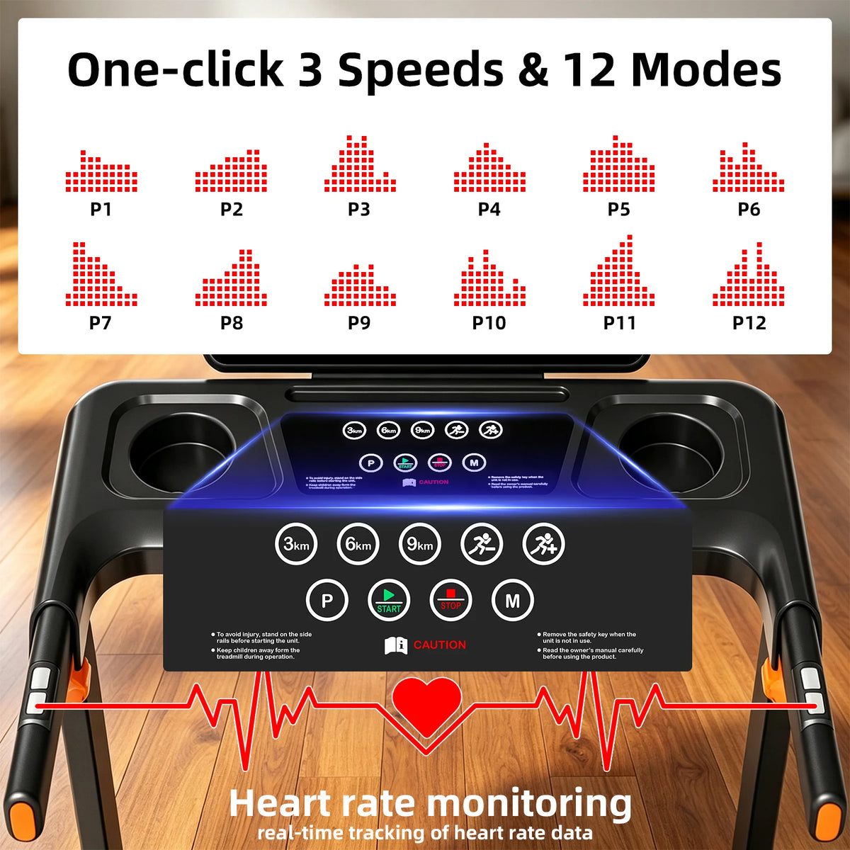 Quiet 3-in-1 Foldable Walking Pad Treadmill with 12% Incline for Home, 12 Preprogrammed HIIT Modes, Supports up to 300 LBS, Smart Treadmill Built with LED Display, Heart Rate Sensor, Bluetooth Speaker & App Connection